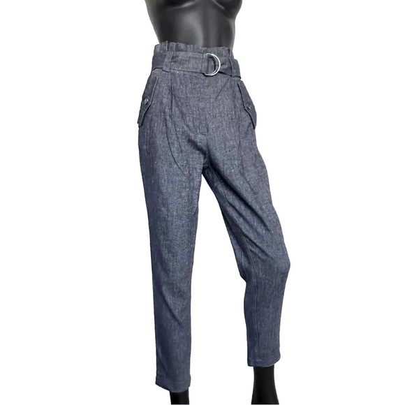 A.L.C. Pant High Waist Belt 0/2 Indigo Blue Chambray Italian Linen Tapered Ankle - Picture 1 of 15